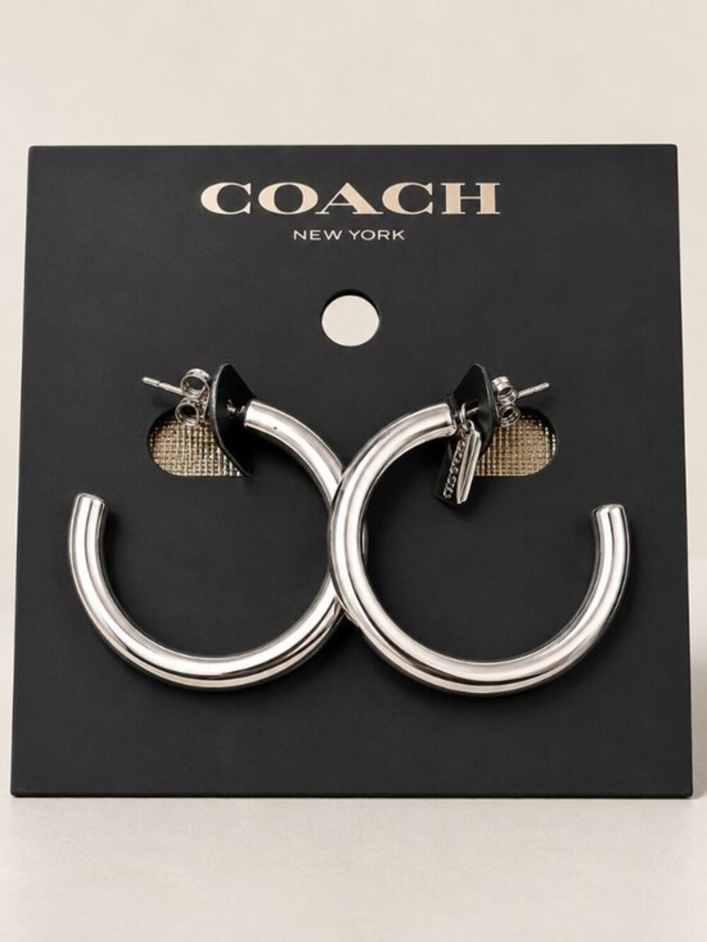 Coach Silver Polished Open Hoop Earrings Classic Logo NWT
